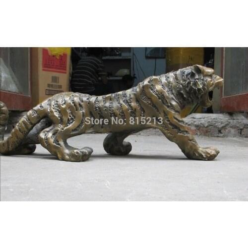 Bi00975 29"ART Pure hangwork Bronze lifelike wild animal feline Swing tail Tiger Statue
