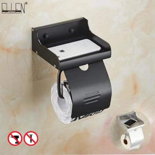 Bathroom Toilet Paper Holder Toilet Roll Paper Rack with Phone Shelf Wall Mounted Aluminum Black/Sliver EL7566