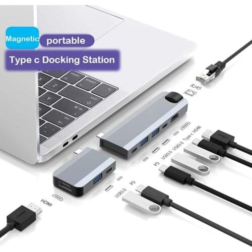 9in1 Type C Hub Magnetic Attraction Docking Station Force Dual PD Charging USB3.0 2*HD 4K RJ45 USB C Hub