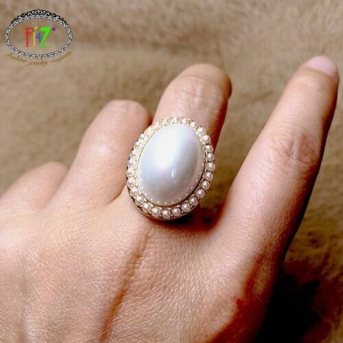 F.J4Z New Baroque Womens Necklaces & Rings Big Simulated Pearl Adjustable Rings Ladies Collar Jewelry Gifts Dropship