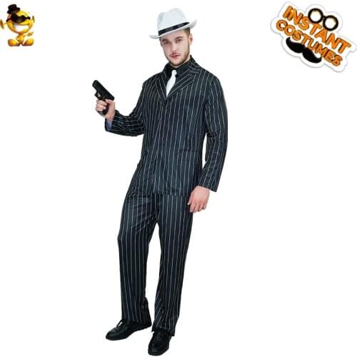 Halloween Men Cosplay Gangster Costume Christmas Fancy Dress Up Boss Black Striped Suits With Tie For Purim Adult Party Costumes