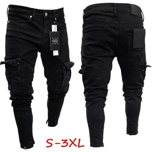 Fashion Mens Slim Fit Urban Straight Leg Black Trousers Denim Casual Pencil Jogger Cargo Pants S-3XL