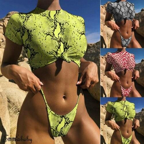 2019 New Women Two-piece Swimsuit Ladies Leopard Swimming Costume Bra Crop Top Swimwear Bikini Monokini Siwmsuits