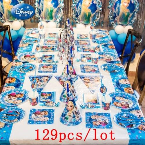 High Quality Disney Frozen Anna Elsa Disposable Tableware Cup Plate Kid Birthday Napkin Banner Decoration Set Supply 129Pcs/lot