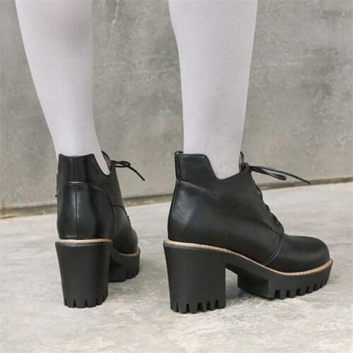 PXELENA 2020 Winter Warm Shoes Combat Ankle Boots for Women Block Chunky Square High Heels Lace Up Motorcycle Boots Plus Size 43