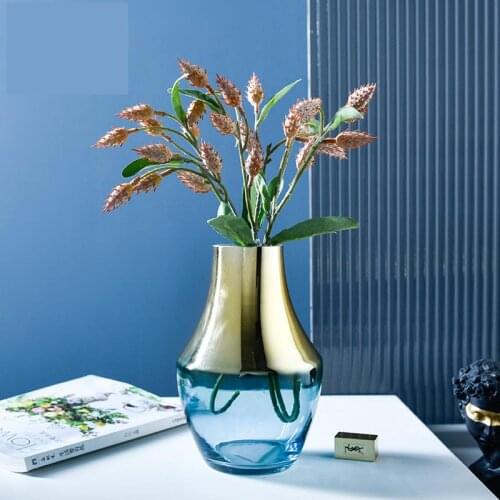 Glass Vase Gold Inlay Decor Crystal Flower Vase With Grass Tabletop Planters Blue