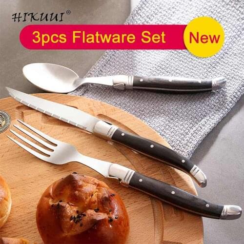 3pcs Flatware Sets Steak Knives Fork Spoon Set Wooden Handle Stainless Steel Cutlery Wood Dinner Set Laguiole Style