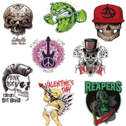 Skull Patches Iron On Transfers For Clothing Thermo Stickers Patches For Clothes Guitar Poker Punk Heat Transfers Accessories