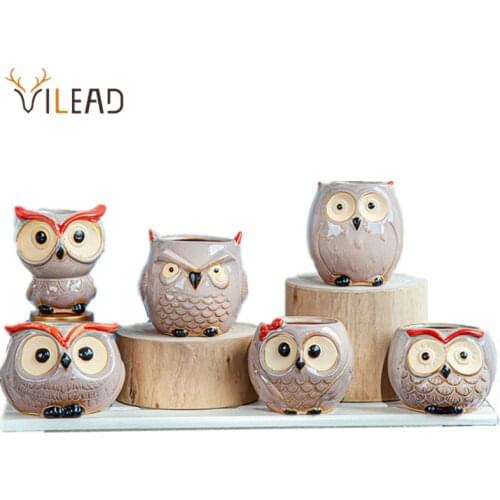 VILEAD 6.5cm 6 Pcs/Set Ceramic Owl Flower Vase Nordic Creative Animal Figurines For Interior Planter Pot Home Decor Accessories