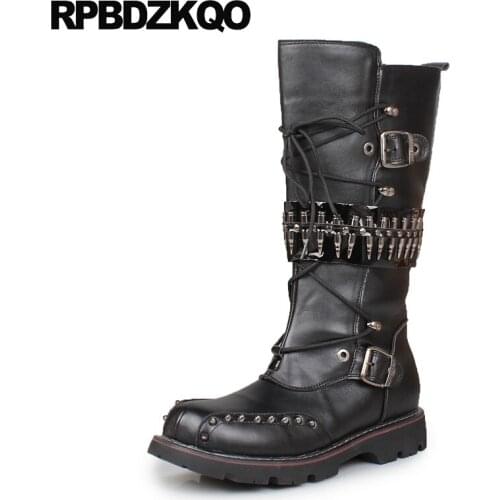 Knee High Shoes Black Quality Fashion Lace Up Embellished Tall Retro Metalic Top Vintage Motorcycle Boots Waterproof Rock Thick
