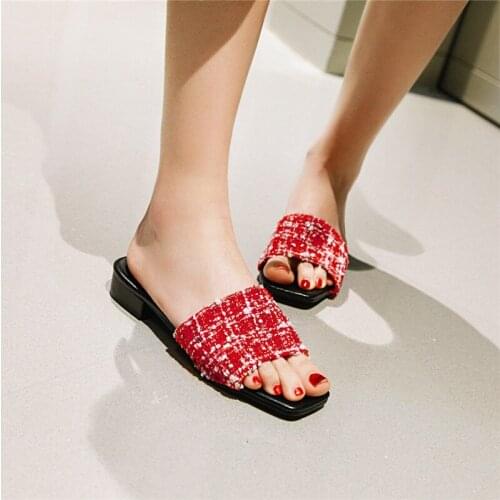 YMECHIC Summer 2019 Fashion Red Plaid Glitter Cloth Daily Women Slides Chunky Heels Outdoor Square Open Toe Ladies Slipper Shoes