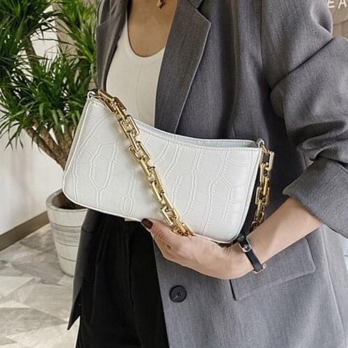 Women Stone Print PU Leather Underarm Bag, 2020 Solid Color Metal Chain Shoulder Bag, Women Fashion Travel Tote Bag