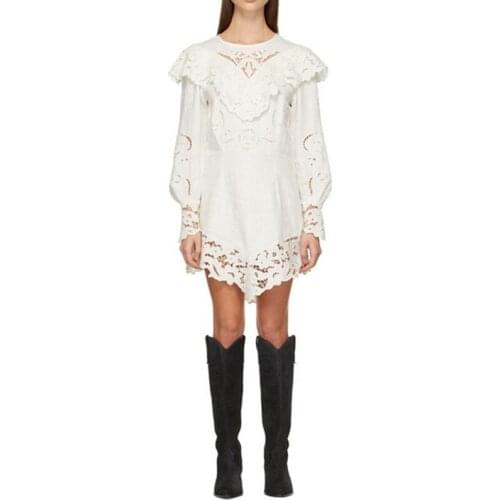 2021 Early Spring Women Mini Dress Lace Hollow Out Lady Retro O-Neck Slim Waist Irregular Short Dresses Female Clothes