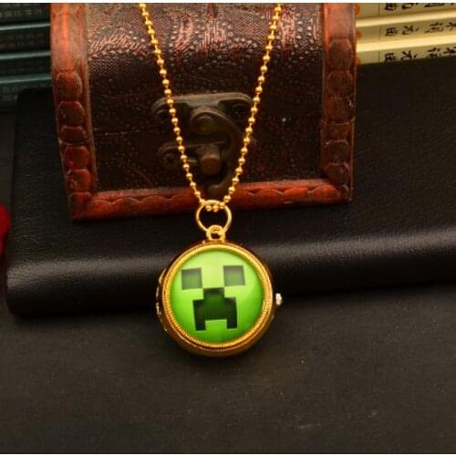 Minecrafte creeper Golden Rotatable Pocket Watch Quartz Pendant Necklace Clock Numerals Analog Display Children Watches Gift toy