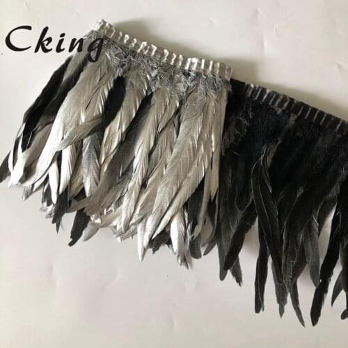 2 Meters/lot Silver Rooster Tail Feather Trims 20-25cm 8-10inches Chicken Feather Fringes Sewed On Satin Ribbons For Crafts Lace