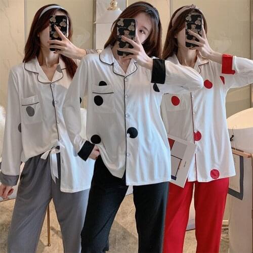 2021 Spring Autumn Long Sleeve Cotton Pajama Sets for Women Polka Dot Print Sleepwear Pyjamas Homewear Pijama Mujer Home Clothes