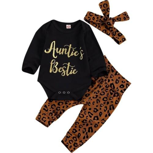 Infant Kids Baby Girl Clothes Fashion Letter Long Sleeve Jumpsuit and Leopard Long Pants with Headband 3Pcs Outfit