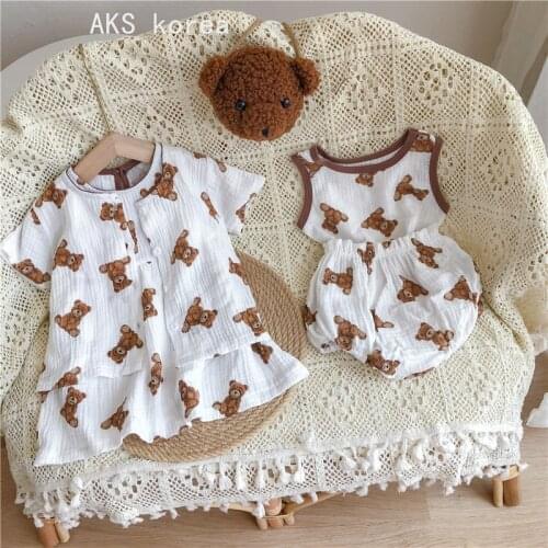 8006 Children Clothing Set Summer 2021 Bear Print Clothes Baby Boy Two Piece Set Hot Sale Bear Clothes Girl Dress Baby Suit