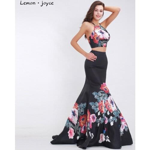 Black Two Piece Prom Dresses Halter Sexy Backless Pattern Mermaid Long Elegant Special Occasion Dresses Party Gowns 2019