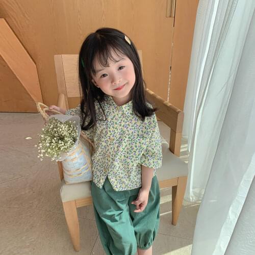 2021 Girl Child Summer New Short Sleeve Suit Casual Print Lapel Top + Ruffled Pants Korean Two Piece Set