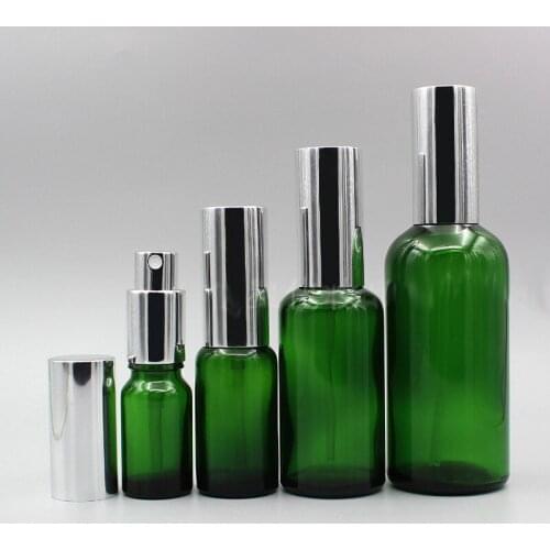 Travel Refillable Green Glass Bottle With Aluminium Pump 1oz Glass Cream Container 100ML 50ML 30ML 20ML 15ML 10ML 24pcs