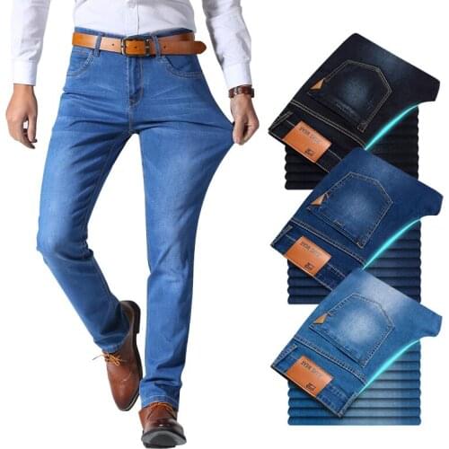 2020 Spring and Summer New Men Thin Jeans Business Casual Stretch Slim Denim Pants Light Blue Black Trousers Male Brand