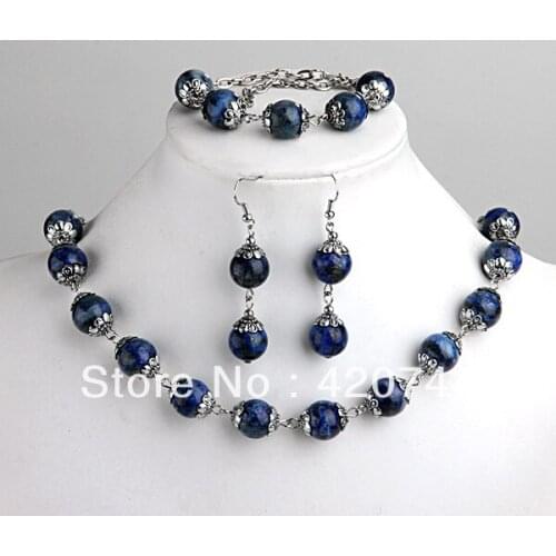 Hot Fashions Lapis Lazuli Ball Beads Bracelet Necklace Earrings Hook Jewelry Set