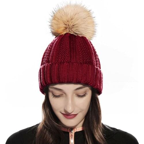 KENSHELLEY Hot Sale Womens Winter Hat Thick Cable Knit Beanie For Women With Faux Fur Pom Pom Hat Skull Cuff Warm Soft Ski Hat
