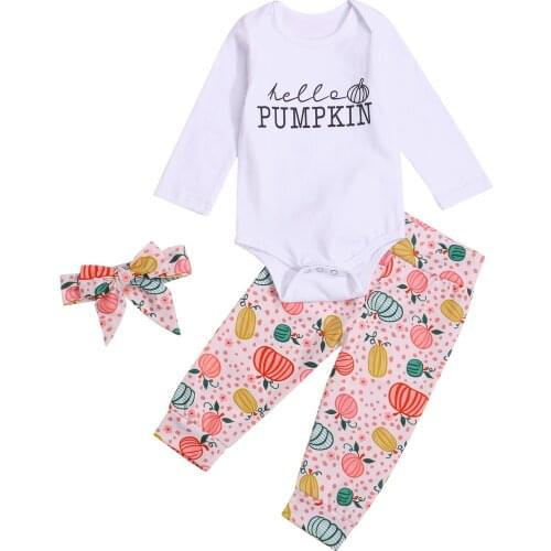 0-24M Newborn Baby Girl Long Sleeve Cotton Bodysuit Tops Pumpkin Print Long Pant Headband 3PCS Baby Clothing Set
