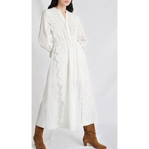 Kiyumi 2021 Boho Long Sleeve Lace Dresse Women White Vintage Floral Embroidery Cotton Dress Casual V-Neck Empire A-line Dresses