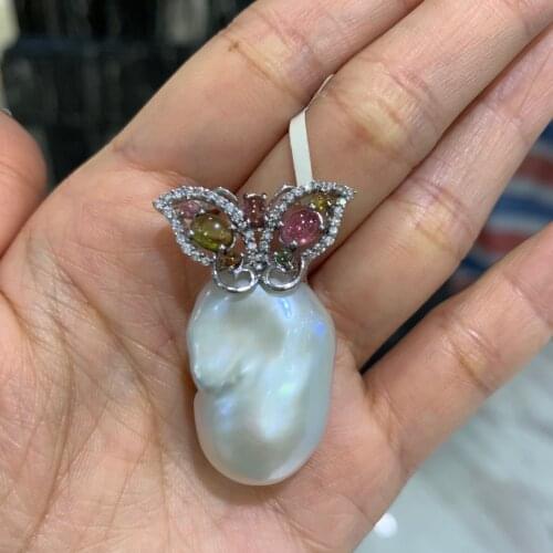 Baroque natural fresh water pearl pendant 925 sterling silver with tourmaline butterfly fine women jewelry only 1 piece