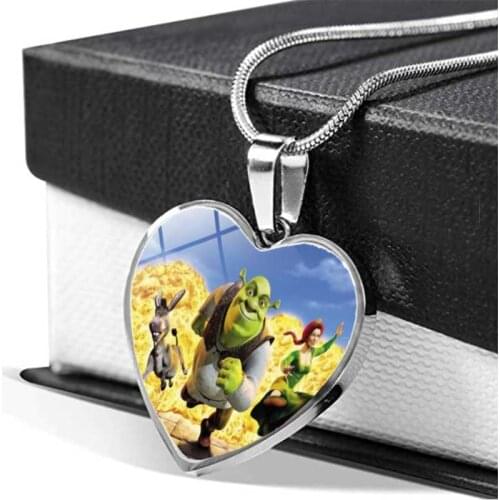 New Shrek Heart Necklace Glass Cabochon Photo Jewelry Heart Pendant Silver Color Handmade Jewelry Necklace for Women Gift