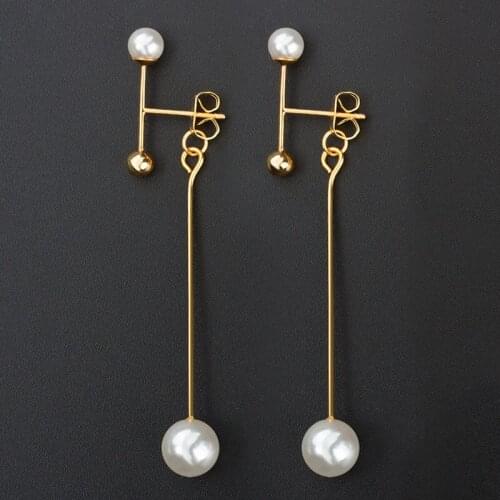 Trendy Earrings For Women Simulated Pearl Long Bar Drop Earring Gold Color Dangle Eardrop Statement Fashion Jewelry Lovely Gift
