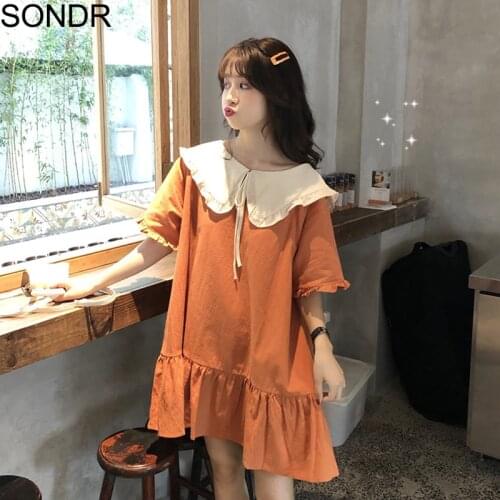 Summer 2021 New Dress Women One Piece Korean Loose Sweet Cute Doll Collar Mini Dresses Girls Short Sleeve Fashion Solid Dress
