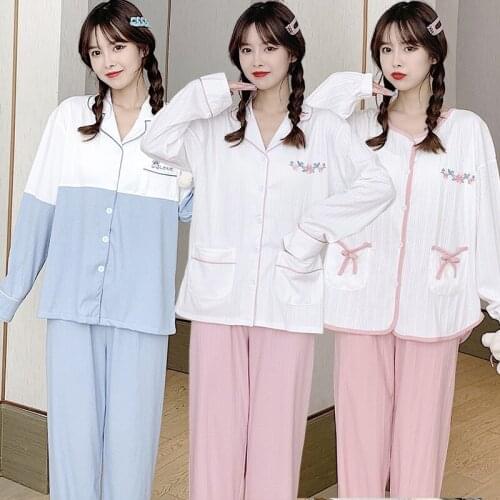 2021 Autumn Long Sleeve Cotton Pajama Sets for Women Korean Sleepwear Suit Pyjamas Homewear Loungewear Pijama Mujer Home Clothes
