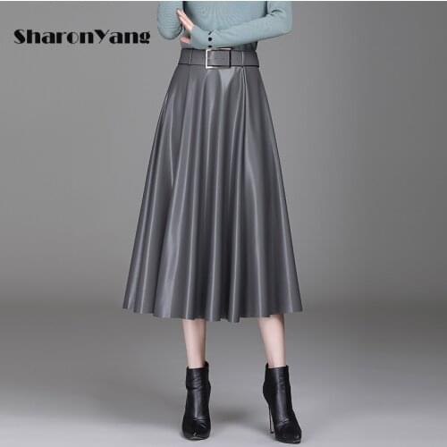 Autumn Winter Faux PU-leather mid-long Skirts with Belt High Waist Elegant 2021 New lady A-line Chic Umbrella Skirts plus size
