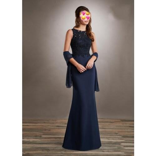 Crystal Beads Mother of the Bride Dresses Sheer Bodice Lace A-Line Wedding Party Dress Back Keyhole Pageant Navy Blue Chiffon