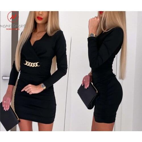 Sexy Women Solid Color Pencil Dress Shrinkage Design Chain Decor V-Neck Long Sleeve Mid Waist Slim Hips Mini Dress