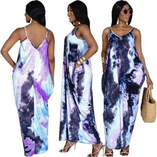 Summer Casual Loose Sleeveless V-neck Dresses Sexy Double V-neck Sling Dresses Women Loose Waist Tie Dye Pocket Maxi Long Dress