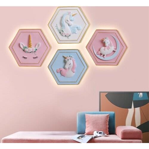 Pink Resin Carved Unicorn Wall Lamps Modern Girl Bedroom Background Bedside Decorated Sconces Wall Lights Living Room Lighting