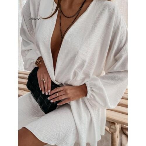 Sexy Womens Dress Deep V-Neck High Waist Fashion Solid Color Women Dress Long-Sleeved Loose Top Dress Summer New