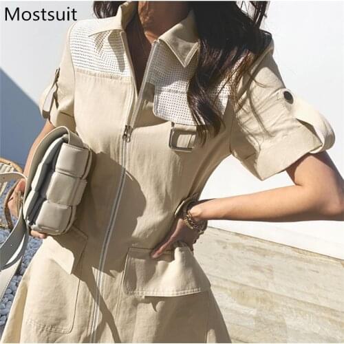 Khkai Chic Korean Zip-up Long Dress Women Short Sleeve Turn-down Collar Midi Dresses Casual Fashion Female Vestidos Femme 2021