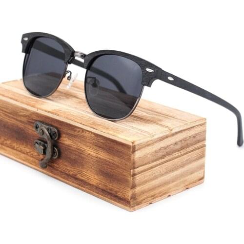 LONSY Classic Acetate Wood Grain Polarized Semi Rimless Sunglasses Women Men Brand Designer Retro Oculos De Sol Gafa UV400