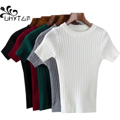 UHYTGF Spring Autumn Sweater Womens Short Sleeve Pullover short Knit sweaters Top casual stretch slim thin sweaters Female 222