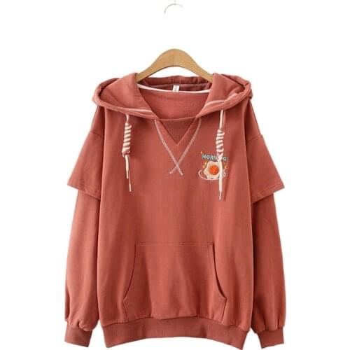 Japan Style Brick Red Embroidered Letter Poached Egg 2020 Autumn Fake 2 Piece Hooded Student Sweatshirt Girl Pullovers 2010693