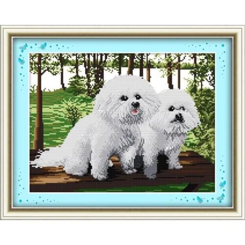 Panda Dog Animal Series Embroidery,color DMC De Punto De Cruz, Kit De Bordado Completo,Twin White Dogs Handmade Illustration Set