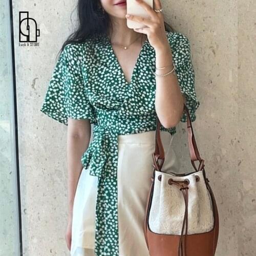 Green Casual Sweet Blouse Tops Women Summer V-Neck French Floral Blouse Shirt 2021 Designer Bandage Party Elegant Chiffon Blouse