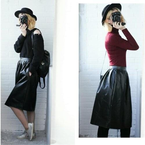 Women Pu Leather Casual Looae High Waist Long Pleated Pockets England Lady Streetwear Casual Solid Maxi Skirt