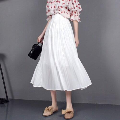 2021 Summer New Pleated Chiffon Skirt Wome High Waist Thin Long Skirt Female Elegant White Fairy Skirts Women