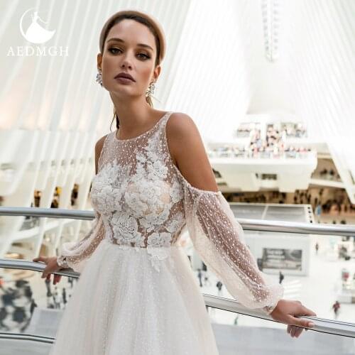 Aedmgh A-Line Beach Wedding Dresses 2021 O-Neck Long Sleeve Bride Dress Lace Appliques Beading Backless Boho Vestido De Novia